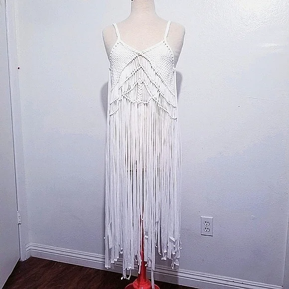 White Braided Fringe TOP, NWT, bohemian, boho, festival, swim cover up, crochet - Picture 1 of 8